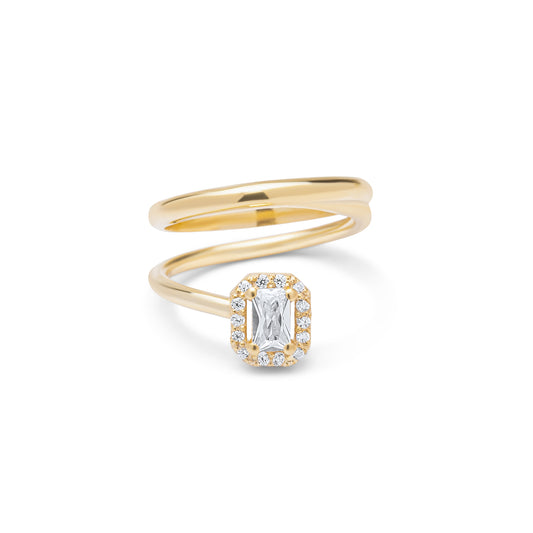White Emerald Cut Twister Ring - Gold Plated
