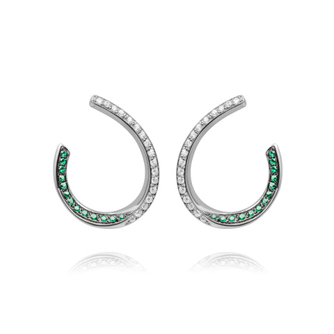 Emerald Oval Wave Pair Earrings with stones - Silver
