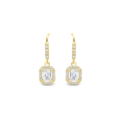 White Emerald Cut Pair Hook Earrings - Gold plated