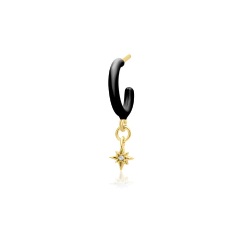 Black Enamel Hoop with Star Single Earring - Gold Plated