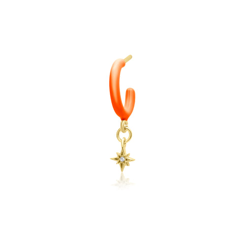 Coral Enamel Hoop with Star Single Earring - Gold Plated