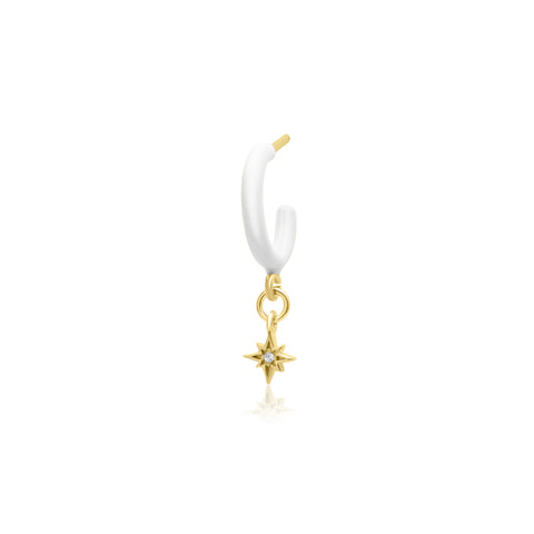 White Enamel Hoop with Star Single Earring - Gold Plated