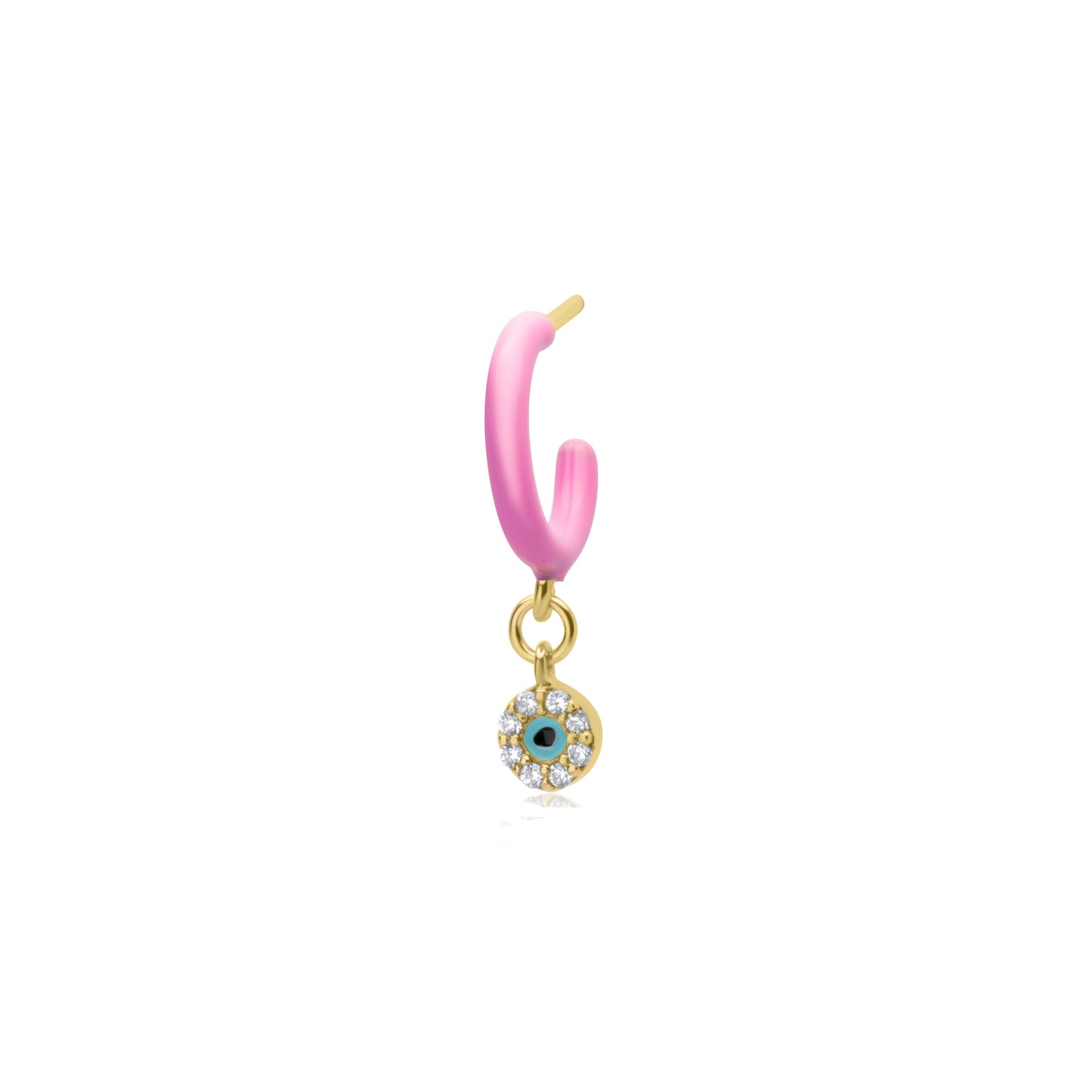 Pink Enamel Hoop with Evil Eye Single Earring - Gold Plated