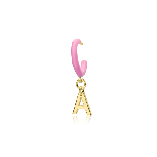 Pink Enamel Hoop with Initial Single Earring - Gold Plated