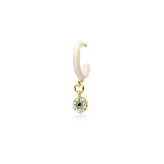 Ivory Enamel Hoop with Circle Evil Eye Single Earring - Gold Plated