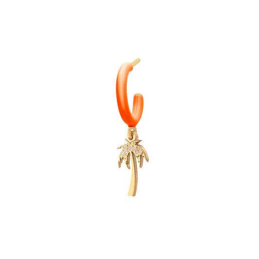 Coral Enamel Hoop with Palmtree Single Earring - Gold Plated