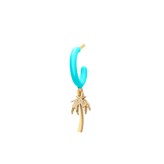 Turquoise Enamel Hoop with Palmtree Single Earring - Gold Plated
