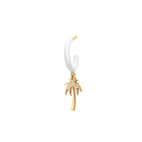 White Enamel Hoop with Palmtree Single Earring - Gold Plated