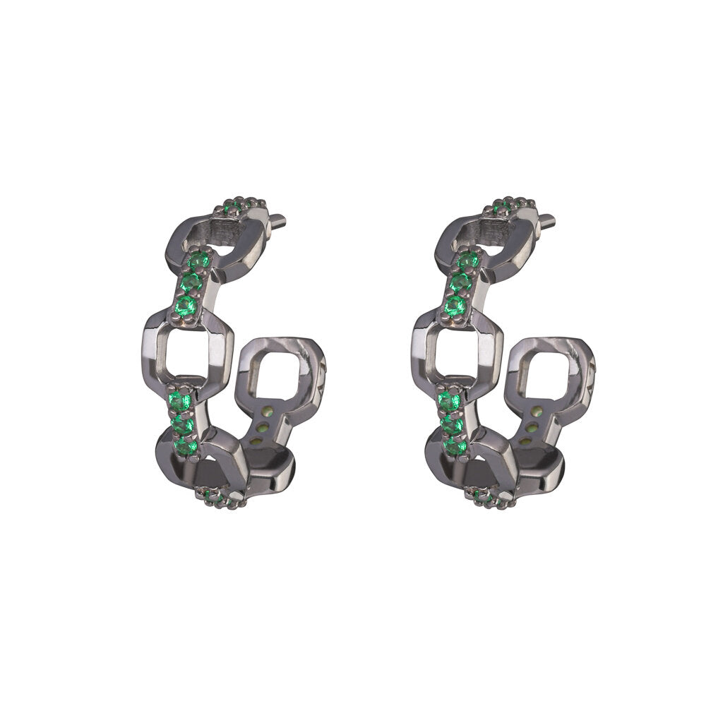 Chain Hoops Pair Earrings - Black Rhodium Plated With Green Stone- small size