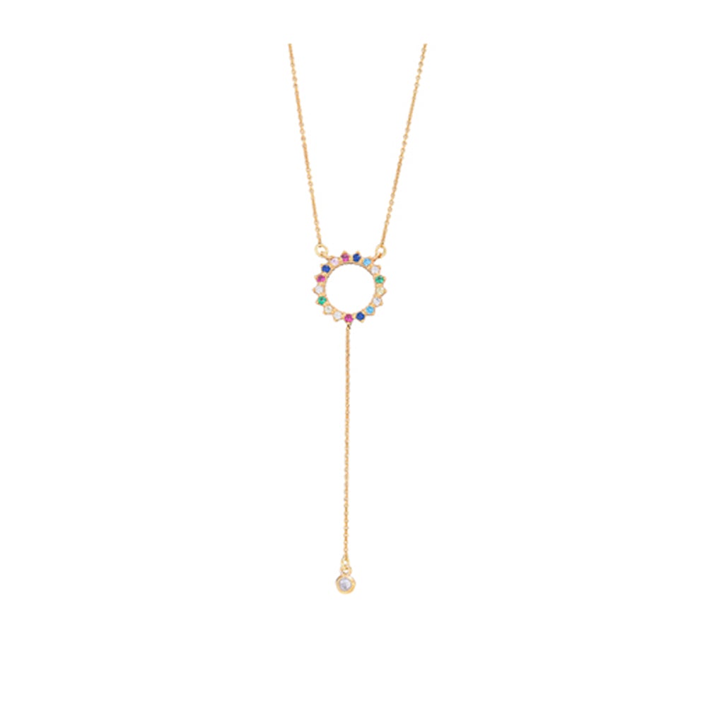 Rainbow Circle Lariat  Necklace - Pink gold plated