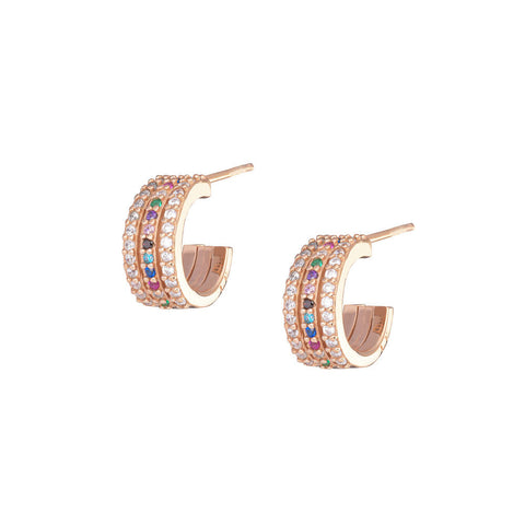 Rainbow Triple Hoops Pair Earrings - Pink Gold Plated