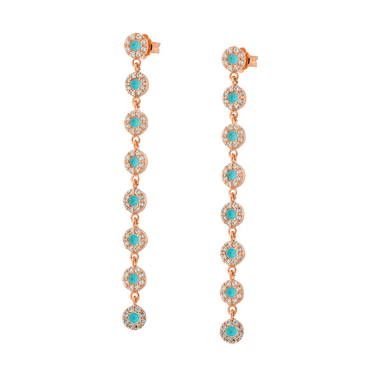 Turquoise Circle Long Pair Earrings - Pink Gold Plated