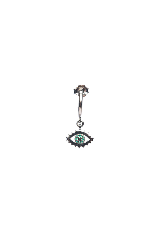 Emerald Charming Evil Eyes Single Hoop Earring- Black Rhodium Plated